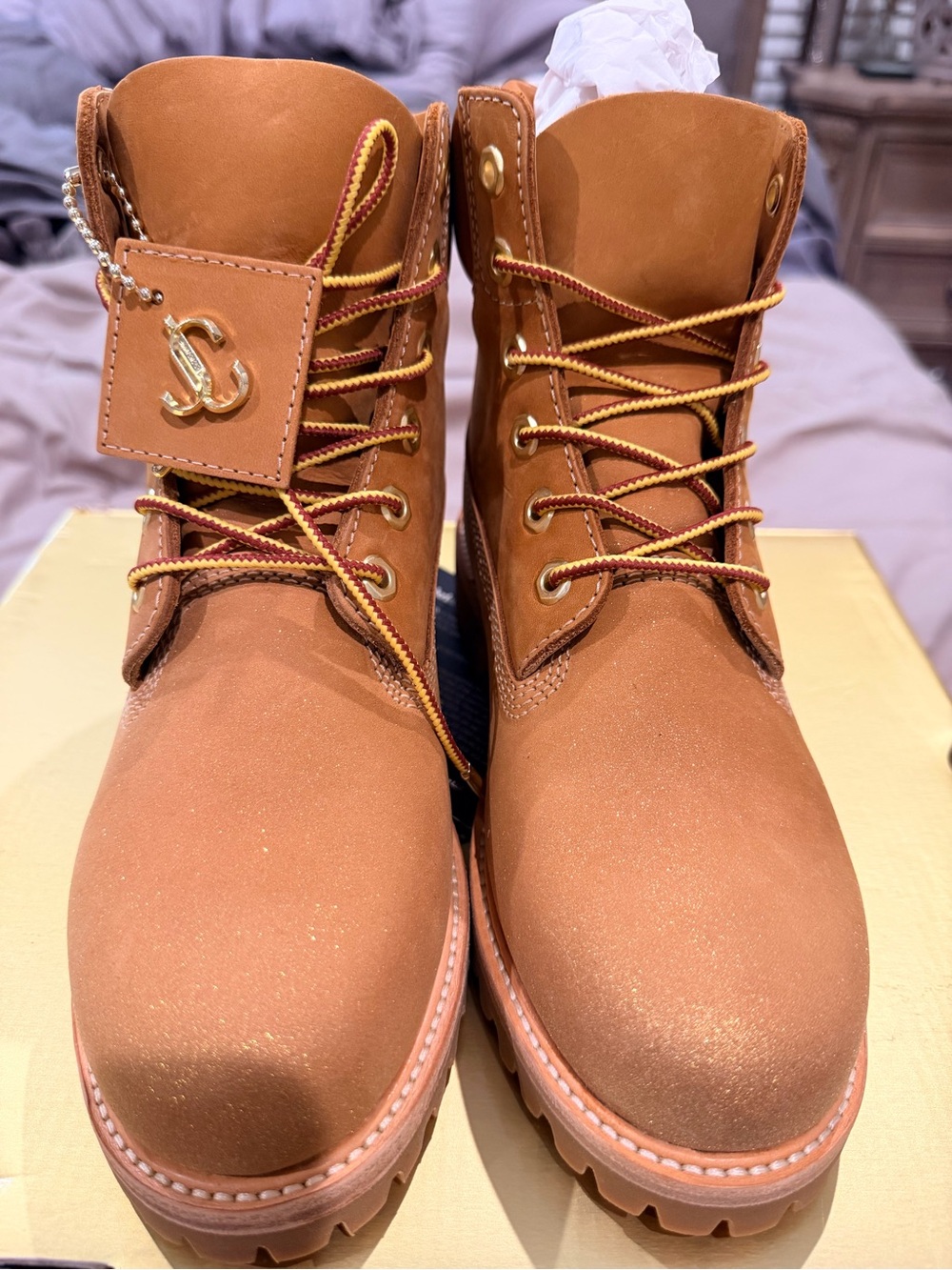 New Jimmy Choo Exclusive Timberland Leather Lace-Up Boots Gold Hardware Glitter